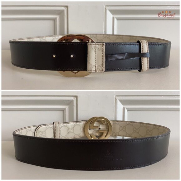 Authentic Gucci Cream Guccissima Leather Gold Interlocking G Buckle Belt 80/32 - Picture 6 of 13